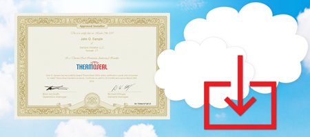 Certificate with blue sky background and white clouds with red download arrow