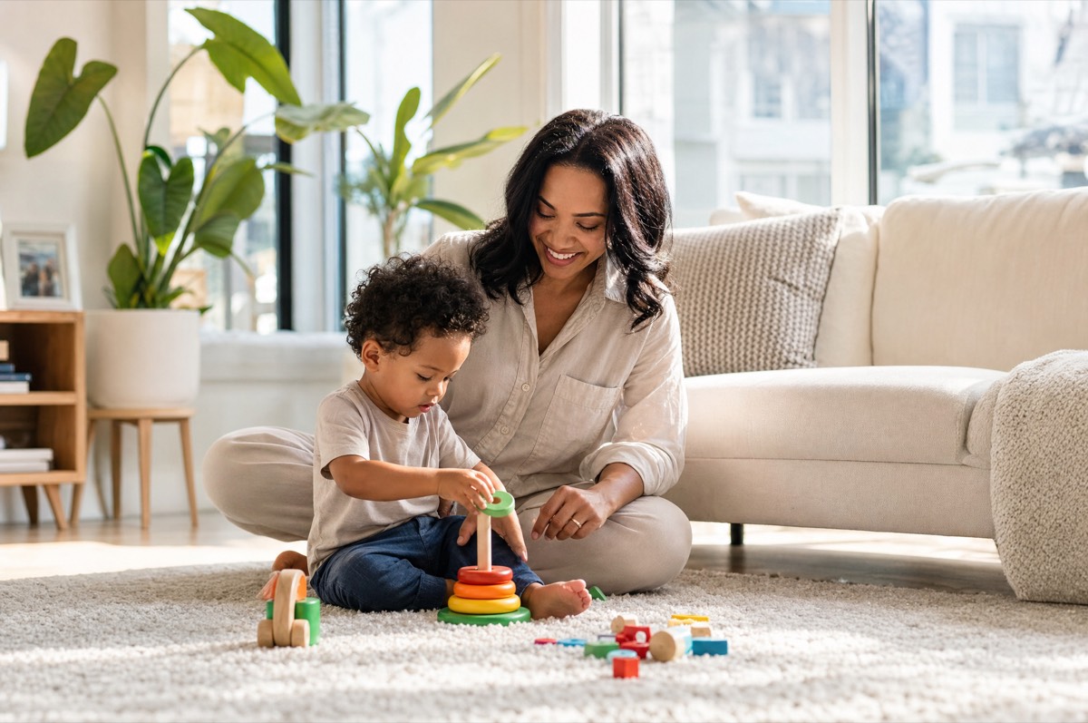 Parent and child playing in a bright living room with clean, healthy indoor air