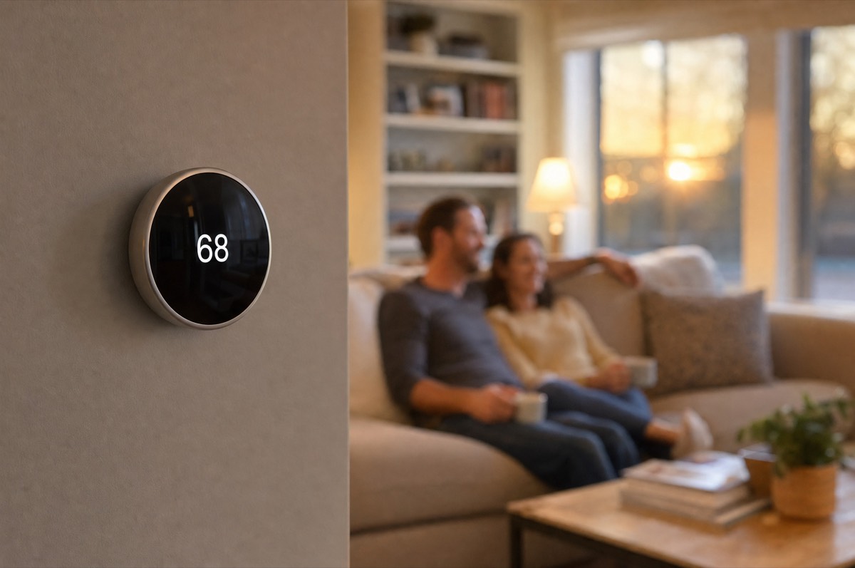 Smart thermostat set to 68 in a warm living room, energy costs under control