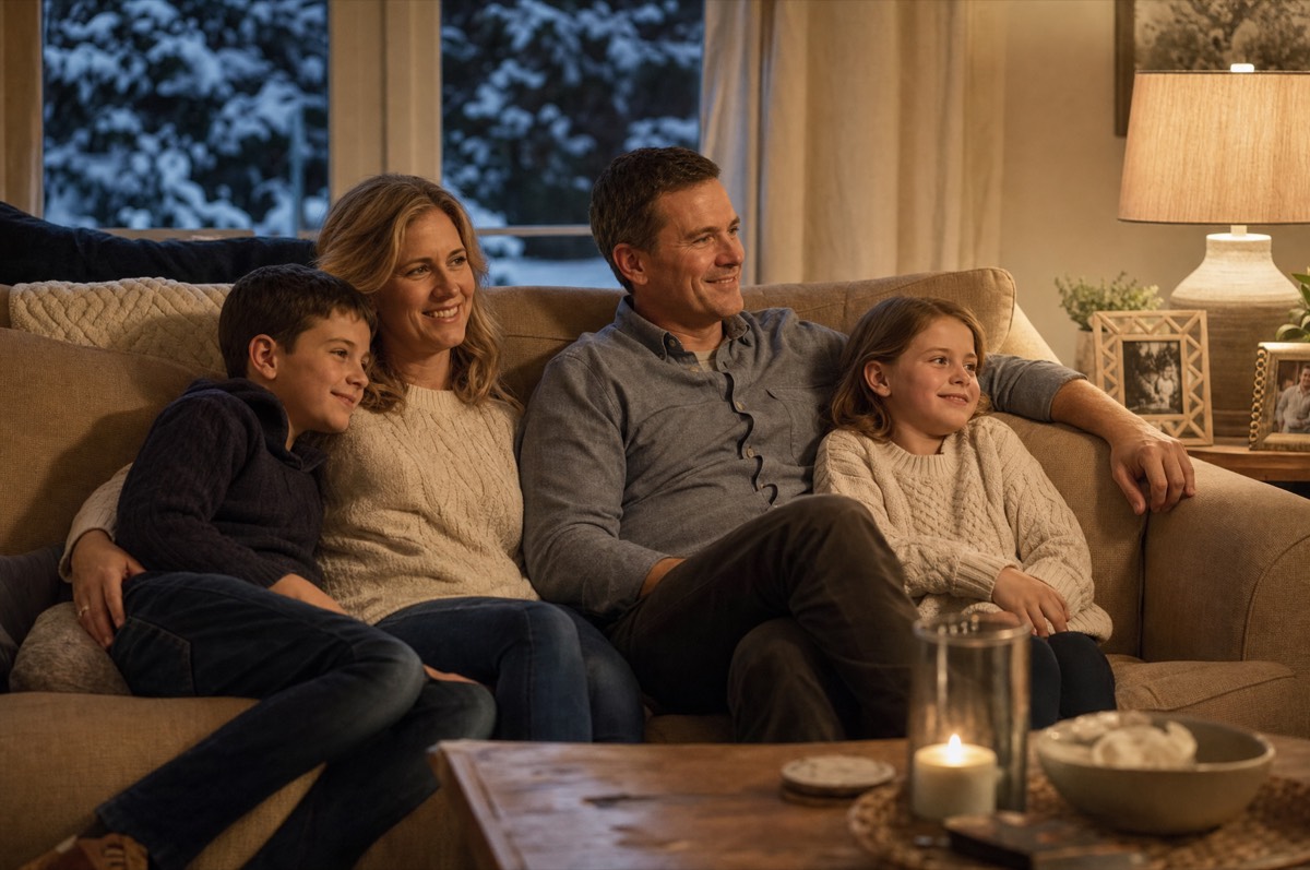 Family relaxing in a warm, evenly heated living room on a snowy winter evening