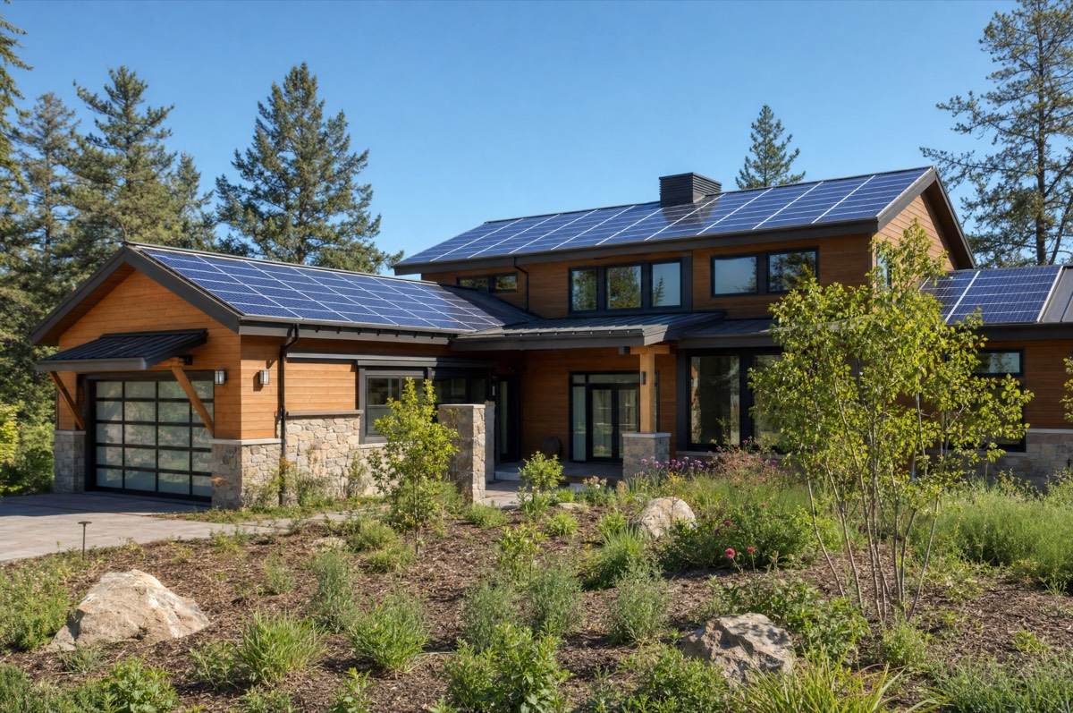 Modern energy-efficient home with rooftop solar panels surrounded by green landscaping
